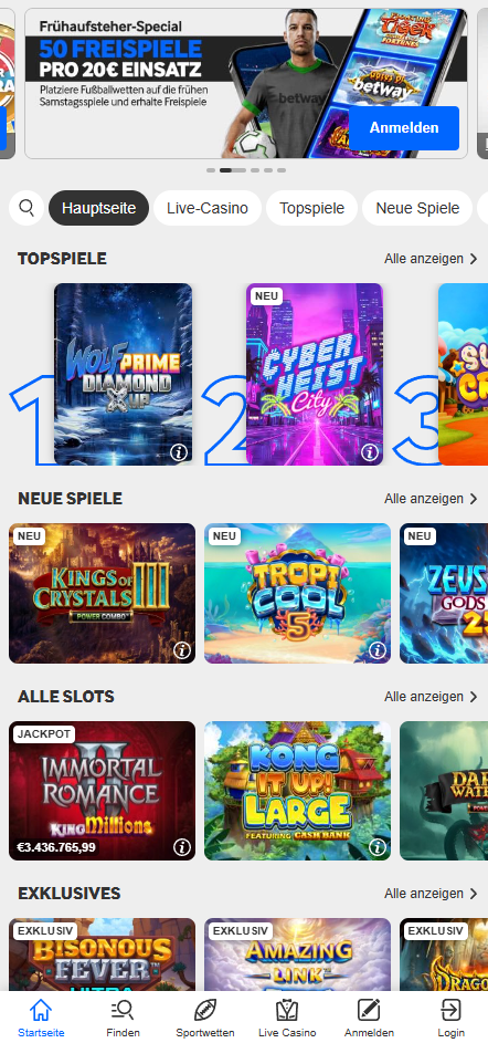 Betway - Überblick über verfügbare Spiele und Boni